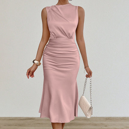 Women's Summer Sleeveless Tank Dress Crew Neck Slim Fit Ruched Bodycon Dress Casual Party Club Dress
