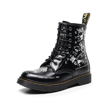 Personalized Hard Leather Skull Boots Men And Women Graffiti Leather Boots Round Head Motorcycle Shoes
