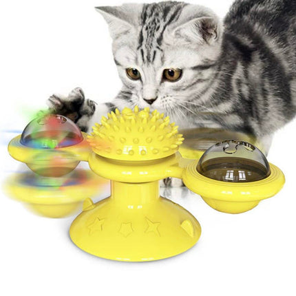 Interactive Windmill Cat Toy With LED Light Ball, Suction Cup, And Catnip Indoor Cat Exercise And Entertainment Set.