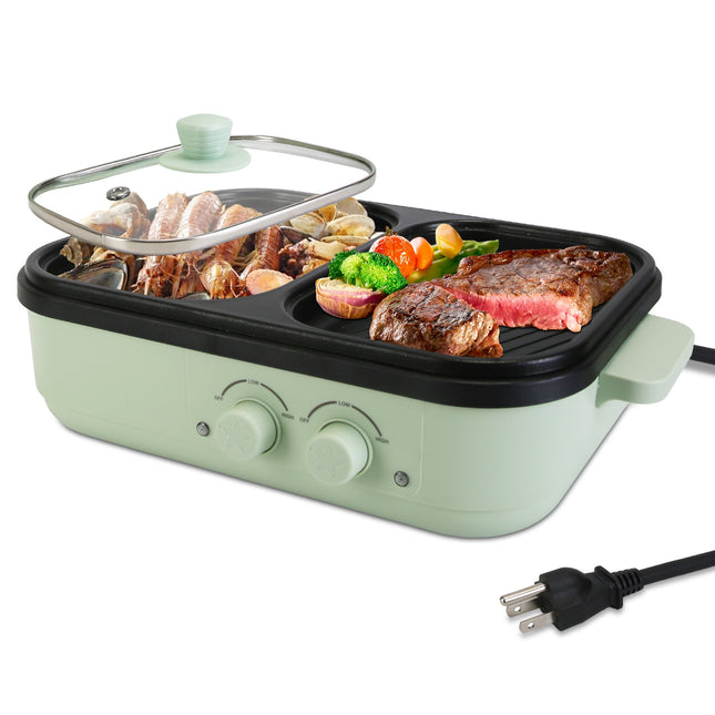 1Pc Electric Hot Pot With Grill 2-in-1 Hot Pot And Frying Pan Portable Non-Stick Pot And Griddle Electric Cooker Pot With Glass Lid Fast Heating For 1-2 People BBQ Steaks Noodles