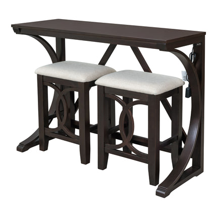 TOPMAx Farmhouse 3- Piece Counter Height Dining Table Set With USB Port And Upholstered Stools Espresso