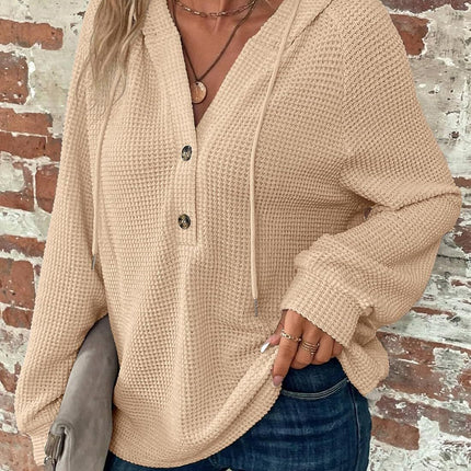 Waffle Hooded Sweater Sweatshirt Fashion Casual Long-sleeved Drawstring V-neck Buttons Top Women's Clothing