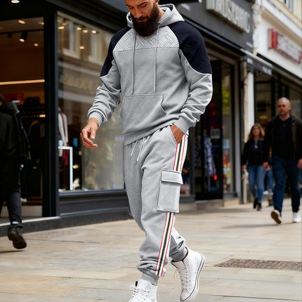 Loose Color-block Textured Hoodie And Sweatpants Casual Set