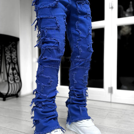 Ins Fringes Ripped Trousers Individual Patched Pants Long Tight Fit Stacked Jeans For Mens Clothing
