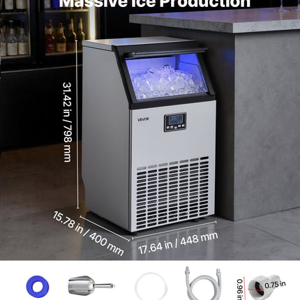 Commercial Ice Maker Machine, 100 Lbs/24h With 26 Lbs Storage Capacity, Built-in/Freestanding/Under Counter, Stainless Steel Ice Maker With LED Display & Self-Cleaning, For Home Bar Restaurant