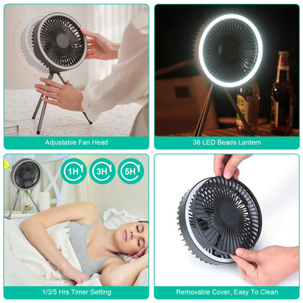 Camping Fan With Lantern Rechargeable Battery Powered Portable Tripod Fan For Tent With Hanging Hook Carabiner Emergency Power Bank Desk Fan With Timer Speed Brightness Setting
