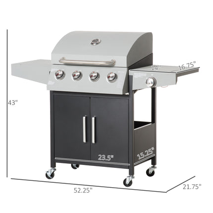 52" Barbecue Grill with Wheels 4+1 Burner Liquid Propane Gas Grill Outdoor Cabinet Style BBQ Trolley w/ Side Burner, Warming Rack, Storage Cabinet