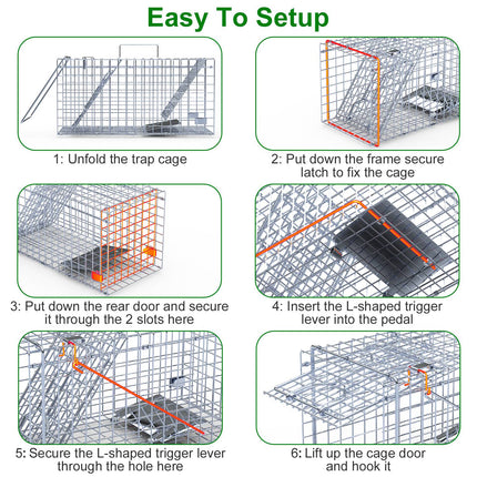 2Pcs 18x8x10In Humane Single Door Live Animal Trap Collapsible Galvanized Iron Animal Cage Catch And Release For Small Squirrel Raccoon Feral Cat Weasel Armadillo Opossum