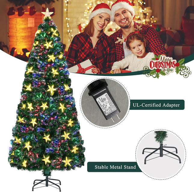 7FT Pre-lit Fiber Optic Christmas Tree With Large Stars, Artificial Xmas Tree Spruce Tree Green Tree With Metal Stand,Full Tree For Holiday Decoration