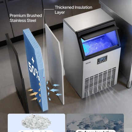 Commercial Ice Maker Machine, 100 Lbs/24h With 26 Lbs Storage Capacity, Built-in/Freestanding/Under Counter, Stainless Steel Ice Maker With LED Display & Self-Cleaning, For Home Bar Restaurant