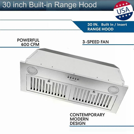 30 Inch Insert Range Hood 600 CFM;  Built-in Stainless Steel Range Hoods With Right Button Controls And Back LED Lights; Kitchen Hood For Over Stove; Ducted/Ductless Convertible Vent Hood