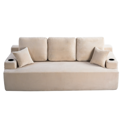 87 In 3-Seater Sofa For Living Room, Comfy Couches With Deep Seat, Plush Corduroy Fabric  With Cup Holders And Side Storage Pockets For Apartment Lounge