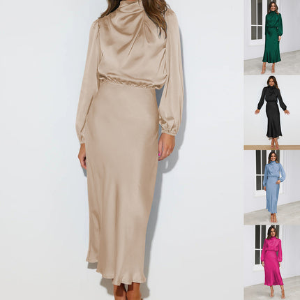 Elegant Temperament Long-sleeved Dress Satin Halterneck Formal Evening Dresses Women Clothing