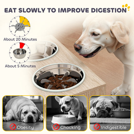 Elevated Dog Bowls with Storage Cabinet,  2 Stainless Steel Bowls, Slow Feeder, Dog Feeding Station for Large Dogs, Oak