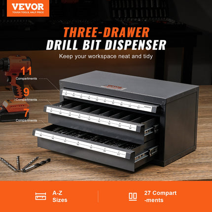 Drill Bit Dispenser Cabinet, Three-Drawer Drill Bit Organizer Cabinet For A To Z, Steel Drill Dispenser Organizer Cabinet With Labels, Stackable Drill Dispenser For Drill Bit Storage