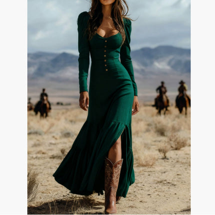 Retro Western Style Button Pleated Long Sleeve Sexy Dress