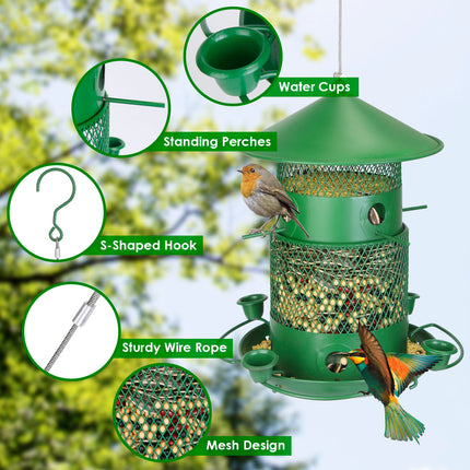 1Pc Wild Bird Feeder Squirrel-Proof Chew-Proof Metal Bird Seed Feeder Outdoor Hanging Bird Feeder With 360 Degree Circular Perches Water Cups For Yard Garden Patio Spring Summer