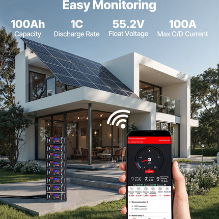 48V 100Ah LiFePO4 Lithium Battery, Built-in 100A BMS, 51.2V Server Rack LiFePO4 Battery With Bluetooth, 5.12kWh Capacity, Max 6000 Cycles, LCD Display, For Off-Grid, Solar System, Backup Power