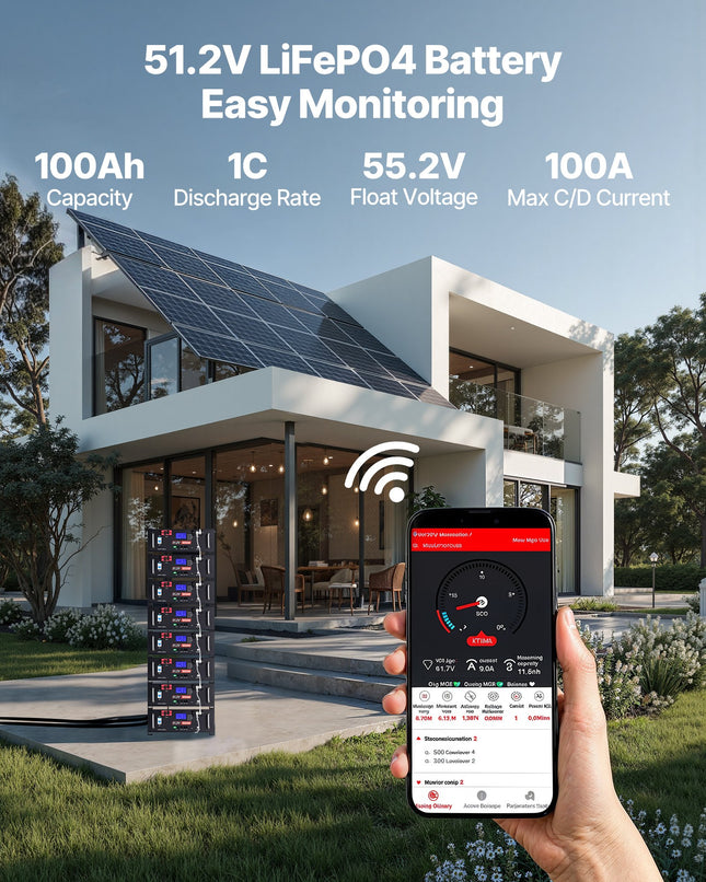 48V 100Ah LiFePO4 Lithium Battery, Built-in 100A BMS, 51.2V Server Rack LiFePO4 Battery With Bluetooth, 5.12kWh Capacity, Max 6000 Cycles, LCD Display, For Off-Grid, Solar System, Backup Power