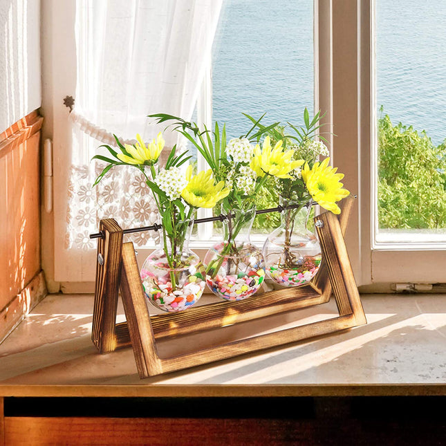 1Pc Desktop Glass Planter Bulb Plant Terrarium With Wooden Stand Air Planter Glass Vase Metal Swivel Plant Vase For Hydroponics