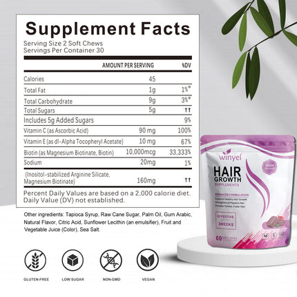 WINYEL Hair Growth Soft Chewables, Containing Hair Growth Vitamins For Men And Women, Biotin, To Help Create Thicker, Fuller, And Stronger Hair, Mixed Berries, 60 Soft Chewables.