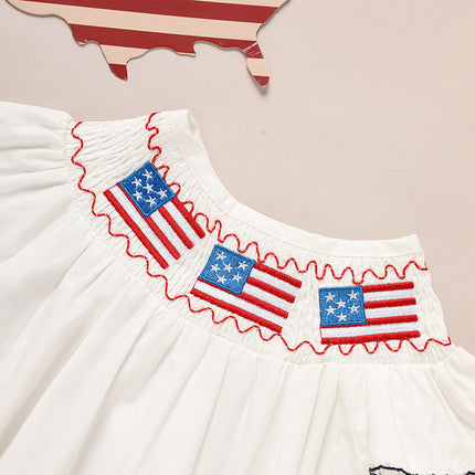 Baby Girl 4th Of July Bubble Romper, Smocked Fly Sleeve Bodysuit With American Flag Embroidery