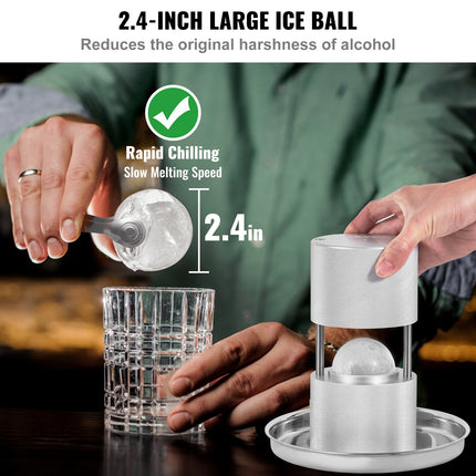 Ice Ball Press, 2.4' Ice Ball Maker, Aircraft Al Alloy Ice Ball Press Kit For 60mm Ice Sphere, Ice Press With Tong And Drip Tray, For Whiskey, Cocktail, Bourbon, Scot On Party & Holiday, Silver