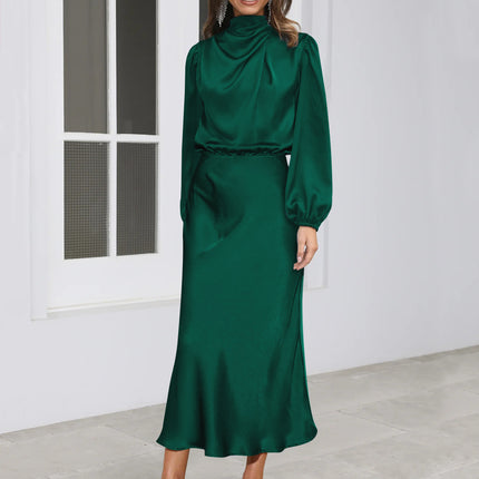 Elegant Temperament Long-sleeved Dress Satin Halterneck Formal Evening Dresses Women Clothing