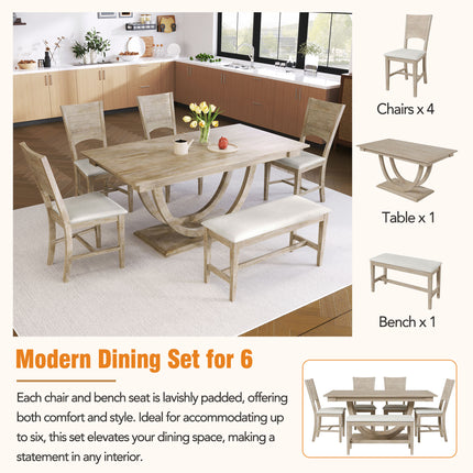 TOPMAx 6- Piece Wood Half Round Dining Table Set Kitchen Table Set With Long Bench And 4 Dining Chairs  Modern Style  Natural