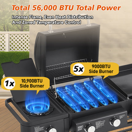 All-in-One Propane Gas Grill With Grilling & Griddling Functions, 745 Sq.Inch Cooking Space, 5 Burners, 56000 BTU Propane Grill,  Heavy-Duty Stand For Barbecue & Outdoor Cooking