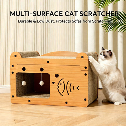 56cm Bubble Fish Shape Cat Scratcher Sofa, With 2 Teaser Balls, Wood -Corrugated Scratcher, Cat Claw Care - Resting Toy