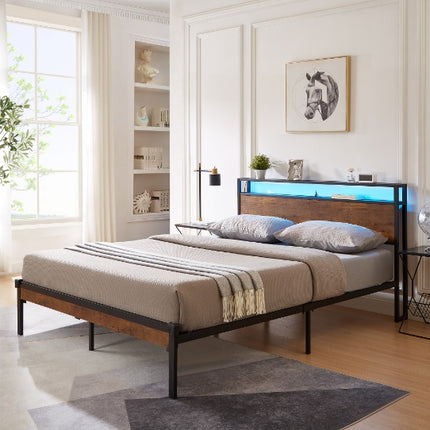 Queen Size Metal Platform Bed Frame With Wooden Headboard And Footboard With USB LINER