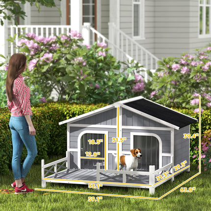 Dog House Outdoor, Wooden Dog Kennel Weatherproof with Porch, Openable Roof, Removable Bottom, Elevated Floor, Double Room for 2 Small to Medium Breeds, Gray