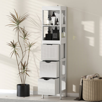 Narrow Bathroom Storage Cabinet, Bathroom Cabinet with 3 Drawers & 2 Open Shelves, Slim Bathroom Floor Cabinet, White
