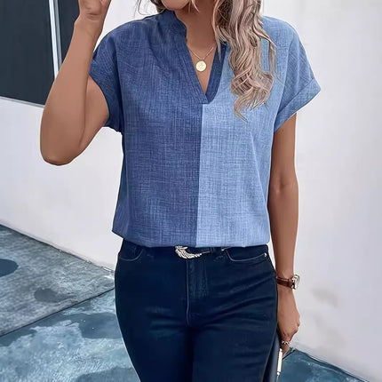 V-neck Short-sleeved T-shirt Slimming Dress Versatile Simple Top Trendy Stand Collar