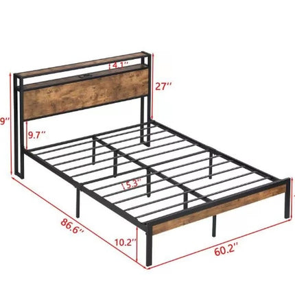 Queen Size Metal Platform Bed Frame With Wooden Headboard And Footboard With USB LINER