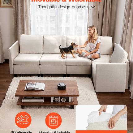 Modular Sectional Sofa, Modern 5-Seater Modular Sofa With Hidden Storage, Cloud Sectional Couch With High Rebound Sponge, Solid Wood Frame Upholstered Comfy Couch For Living Room, Bedroom, Beige