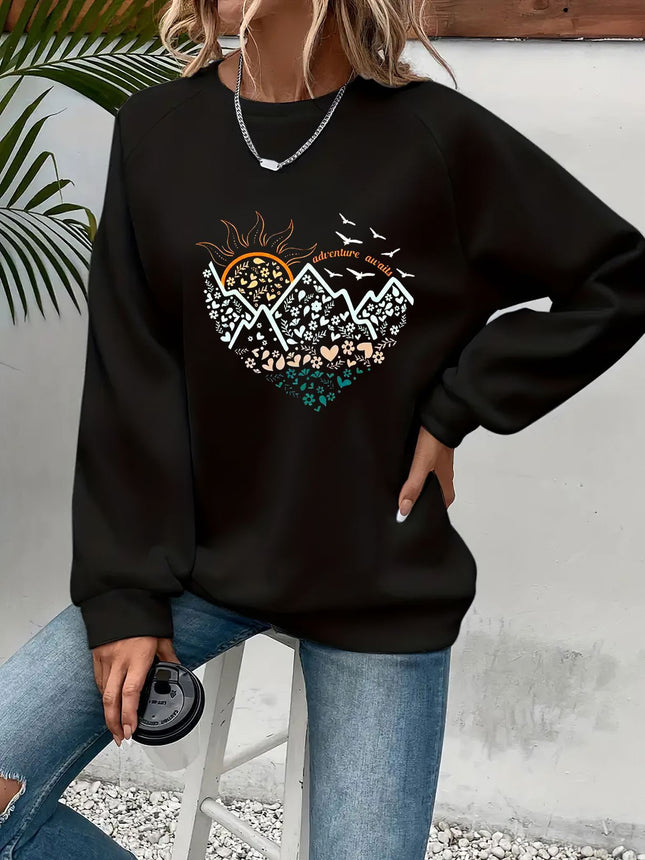 Casual Heart Print Crew Neck Pullover Sweatshirt - Soft Slightly Stretch Polyester Fabric, Machine Washable, Perfect For Spring And Fall - Women's Long Sleeve Casual Wear