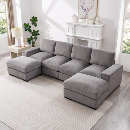 Sectional Sofa Deep Seat Sofa Couch With Ottomans, Corduroy Sofa Sleeper Comfy Upholstered Furniture For Living Room, Apartment, Office, 4-Seat & 2-Ottoman,GRAY