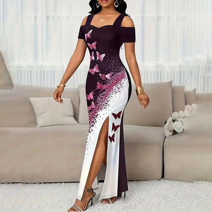 Women's Color-Block Butterfly Print Maxi Dress, Off-Shoulder Bodycon Gown With High Slit For Spring And Summer Parties
