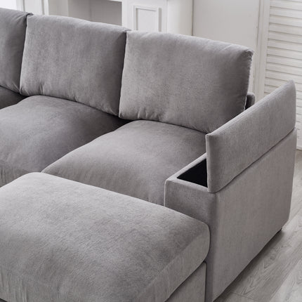 Sectional Sofa Deep Seat Sofa Couch With Ottomans, Corduroy Sofa Sleeper Comfy Upholstered Furniture For Living Room, Apartment, Office, 4-Seat & 2-Ottoman,GRAY