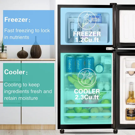 KRIB BLING 3.5Cu.Ft Compact Refrigerator Mini Fridge With Freezer, Small Refrigerator With 2 Door, 7 Level Thermostat Removable Shelves For Kitchen, Dorm, Apartment, Bar, Office, Silver/Black/Blue