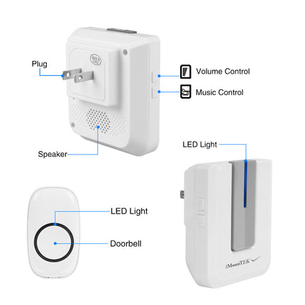 Wireless Doorbells Rings 1 Thousand FT Operating Range IP44 Waterproof Door Chime With 1 Plug Receiver Chimes 52 Melodies LED Indicator Bells For Office Apartment House