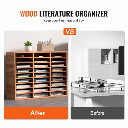 27 Compartments Wood Literature Organizer, Adjustable Shelves, Medium Density Fiberboard Mail Center, Office Home School Storage For Files, Documents, Papers, Magazines, Oak