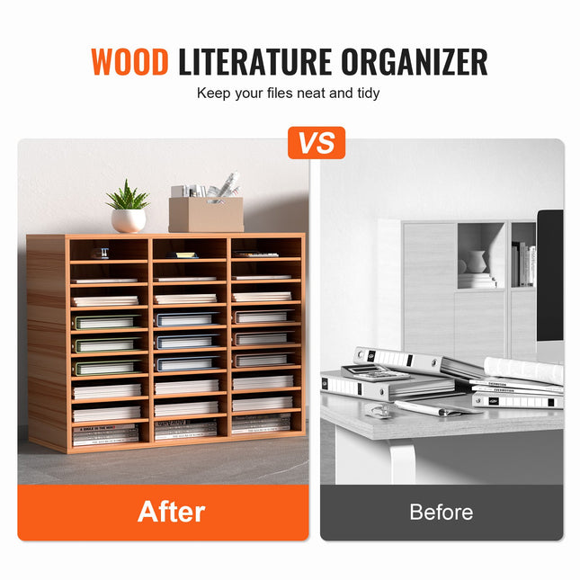 27 Compartments Wood Literature Organizer, Adjustable Shelves, Medium Density Fiberboard Mail Center, Office Home School Storage For Files, Documents, Papers, Magazines, Oak