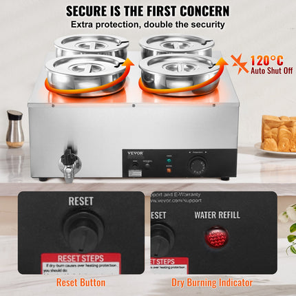 Electric Soup Warmer, Four 7.4QT Stainless Steel Round Pot 86~185°F Adjustable Temp, 1500W Commercial Bain Marie With Anti-dry Burn And Reset Button, Soup Station For Restaurant, Buffet, Silver