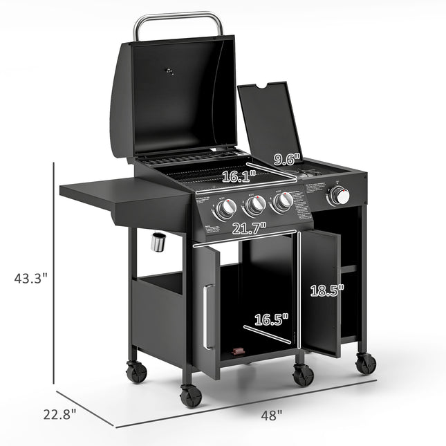 3 Burner Propane Gas Grill With Side Burner Barbecue Grill With Shelves, 9.5 KW Output, 310 Sq. In. Cooking Area