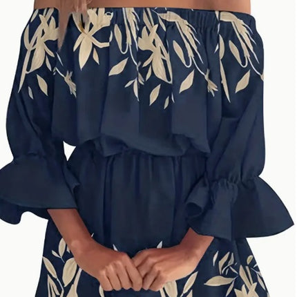 Boho Leaf Graphic Print Off Shoulder Dress, Sexy Backless Ruffle Sleeve Dress For Spring & Summer, Women's Clothing
