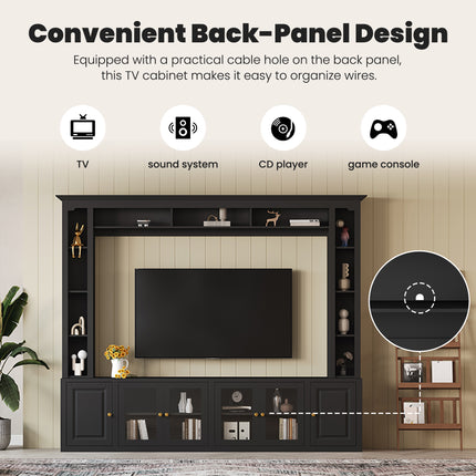 4-Piece Modern Entertainment Center Wall Unit With Bookshelves, All-in-1 Large TV Stand With Tempered Glass Door For TVs Up To 80, 92inch Media Console With Adjustable Shelves For Living Room, Black