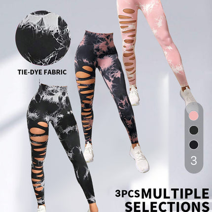 3 Pack Women's Tie Dye Cutout Tights High Waist Workout Yoga Leggings, Scrunch Butt Lifting Elastic Pants, Womens High Waist Yoga Pants Cutout Ripped Tummy Control Workout Running Yoga Skinny Leggings